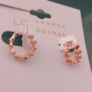 LC LAUREN CONRAD Mod/Contemporary Leaves Rose Gold Clear Crystal Hoop Earrings